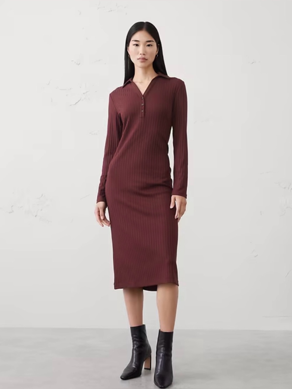 Banana Republic Burgundy Ribbed Polo Midi Dress